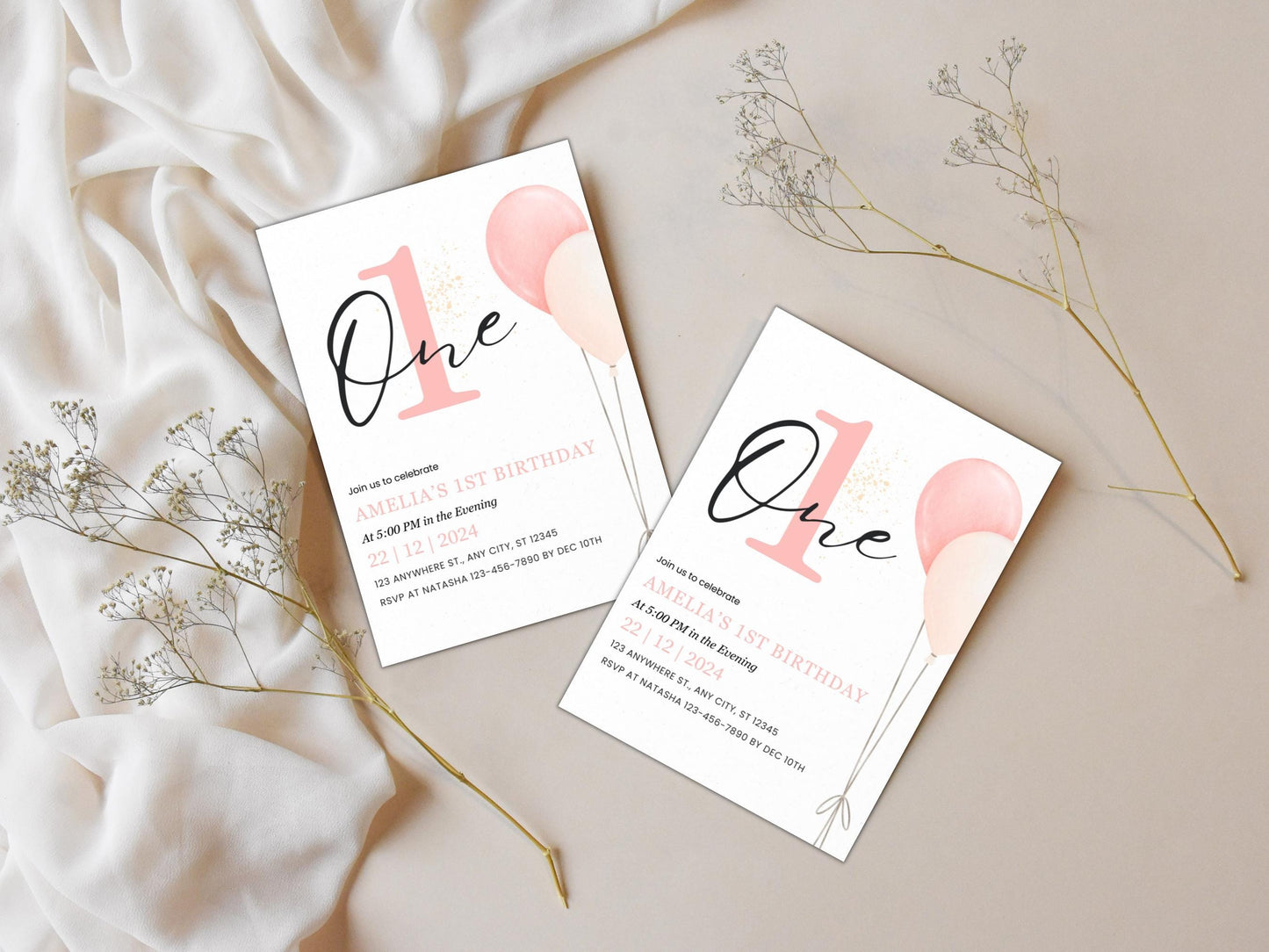 Minimalistische Einladung zum 1. Geburtstag: Rosafarbene Luftballons, bearbeitbare Vorlage (PDF)