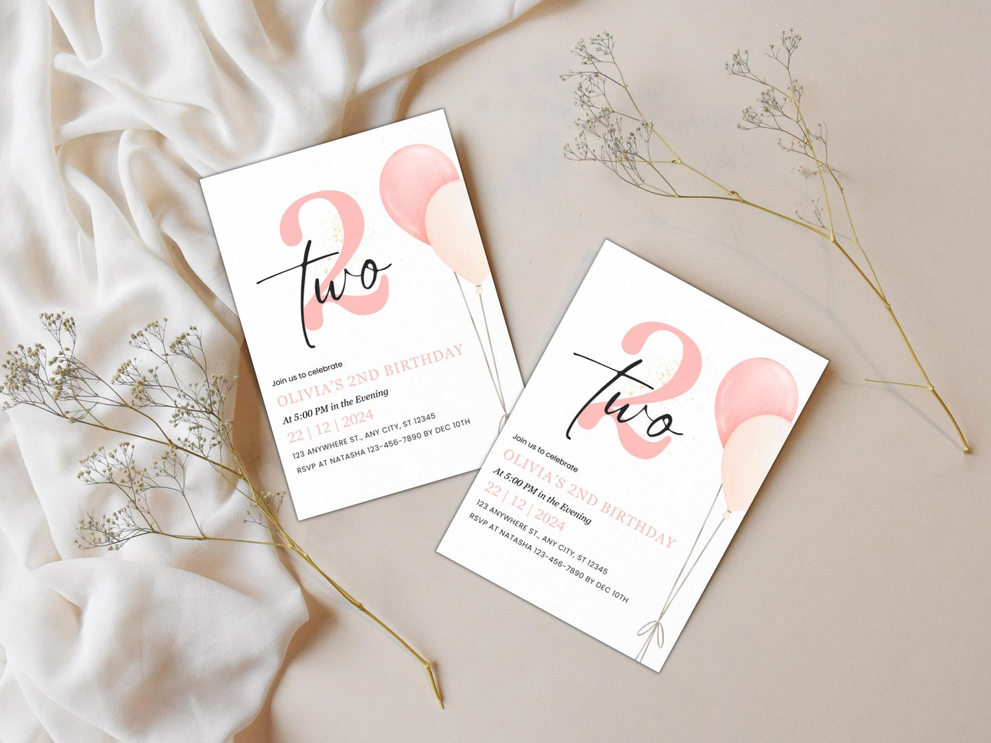Minimalist 2nd Birthday Invitation: Blush Balloons (Editable, PDF)