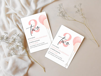 Minimalist 2nd Birthday Invitation: Blush Balloons (Editable, PDF)