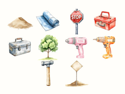 Baustellen-Clipart-Paket, Baustellenfahrzeug-Clipart-PNG-Paket, Fahrzeug-Clipart, Baustellen-LKW-Clipart, Aquarell-Fahrzeug