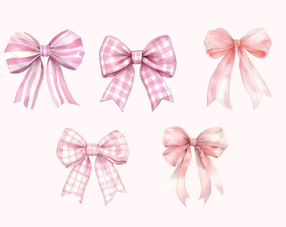 Watercolor Pink Bow Clipart Bundle, Pink Bow Clipart, Bow Clipart png, Coquette Bow Clipart, Checkered Pink Bow Clipart, Pink Ribbon Bow