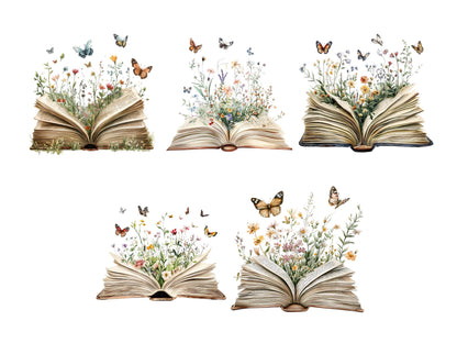 Aquarell-Wildblumen-Buch-Clipart-Bundle (PNG), Blumen-Buch-Clipart, Buchblumen-Clipart, Clipart für Buchliebhaber, Boho-Buch-Clipart