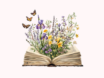 Aquarell-Wildblumen-Buch-Clipart-Bundle (PNG), Blumen-Buch-Clipart, Buchblumen-Clipart, Clipart für Buchliebhaber, Boho-Buch-Clipart