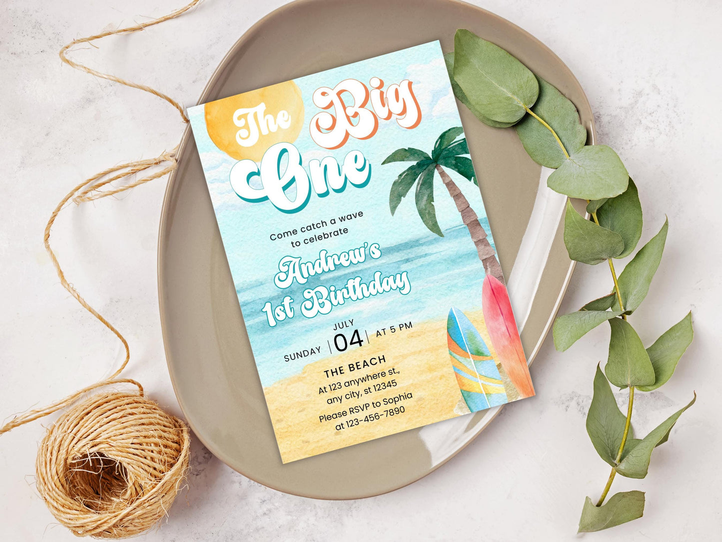 The Big One Surf 1st Birthday Invitation Template (Digital Download)