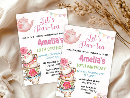 Editable Tea Party Birthday Invitation Template, Pink Floral Invite (Digital Download)