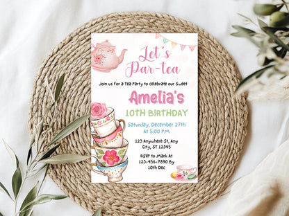 Editable Tea Party Birthday Invitation Template, Pink Floral Invite (Digital Download)