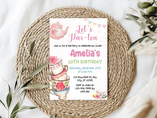 Editable Tea Party Birthday Invitation Template, Pink Floral Invite (Digital Download)