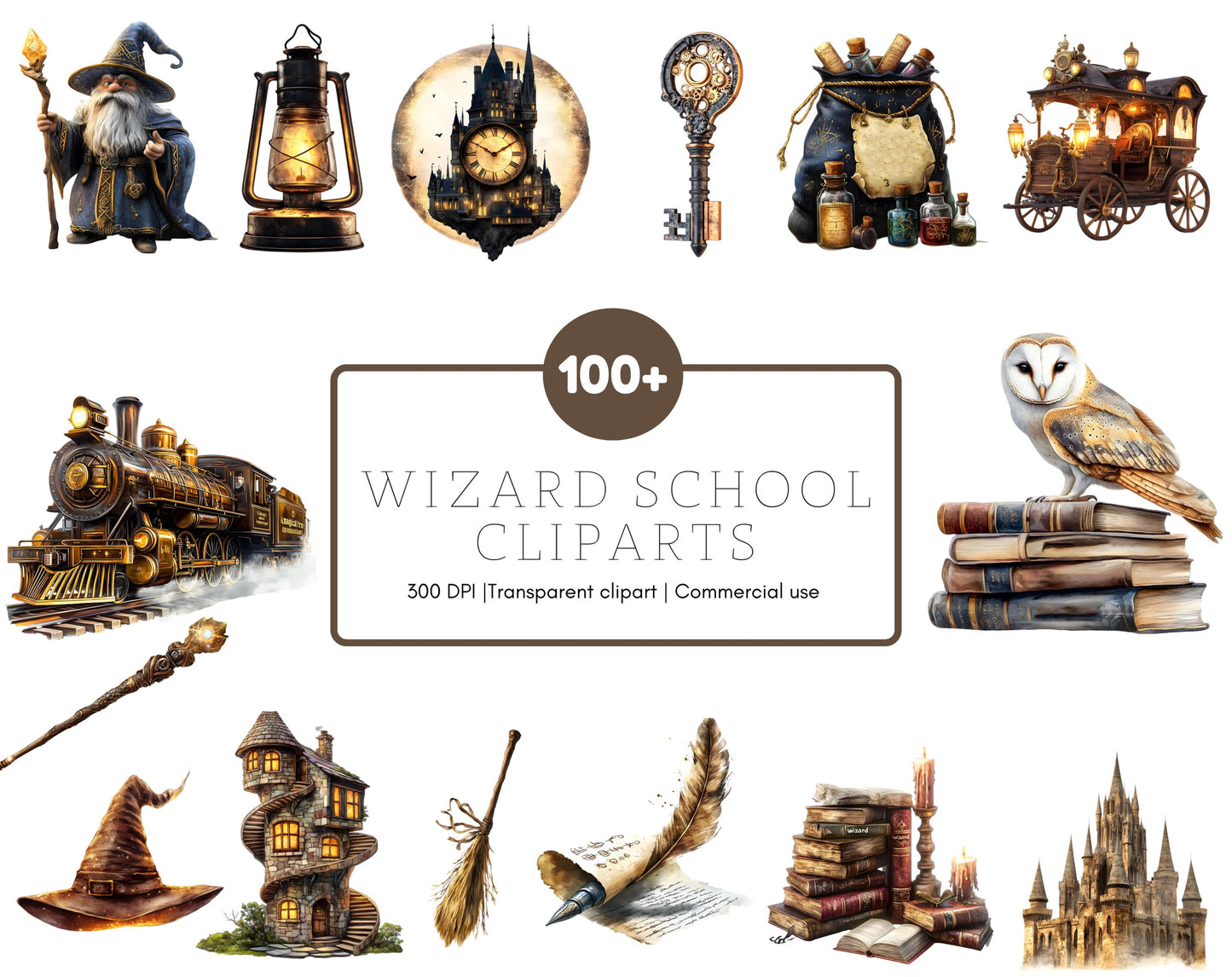 108 Watercolor Wizard School Clipart Bundle, Wizard School Clipart, Magic Wizard Clipart png, Magic School Clipart High Quality png