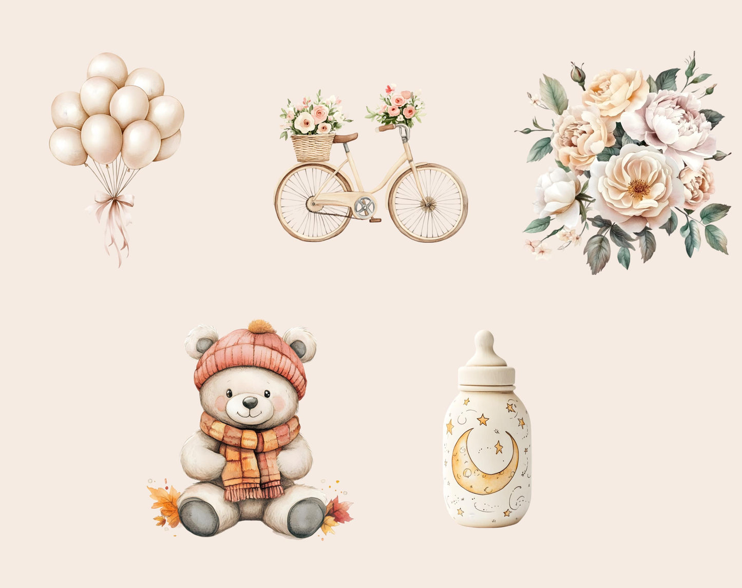 Beige Teddy Bear Clipart Bundle, Baby Shower PNG (Digital Download)