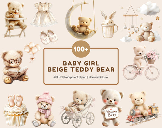 Beige Teddy Bear Clipart Bundle, Baby Shower PNG (Digital Download)