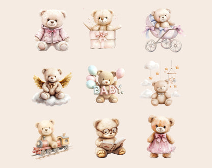 Beige Teddy Bear Clipart Bundle, Baby Shower PNG (Digital Download)