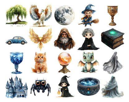 Watercolor Wizard School Clipart Bundle (Digital Download)