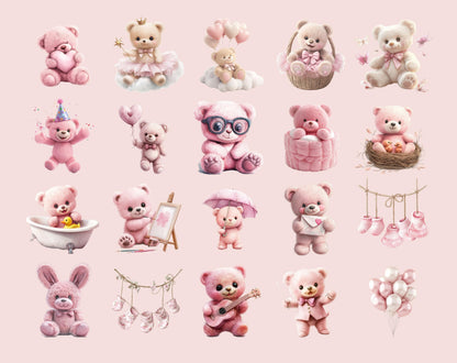 Ensemble d'images clipart d'ours en peluche rose, graphismes pour chambre d'enfant (PNG)