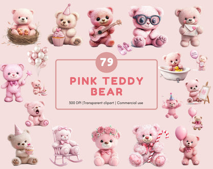 Ensemble d'images clipart d'ours en peluche rose, graphismes pour chambre d'enfant (PNG)