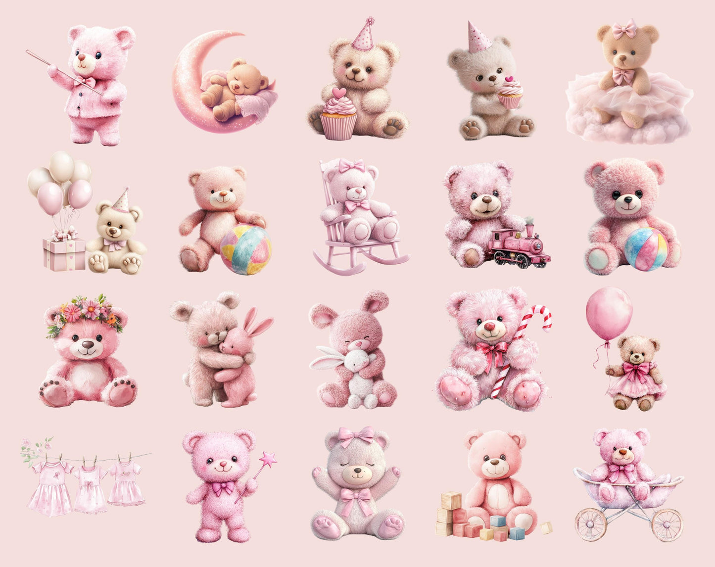 Ensemble d'images clipart d'ours en peluche rose, graphismes pour chambre d'enfant (PNG)