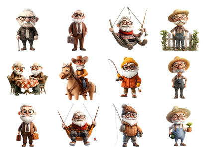 Funny Old Man Clipart png Bundle, Quirky Old Man Clipart, Funny Grandpa Clipart png, Watercolor Dancing Old Man Clipart, Digital Download