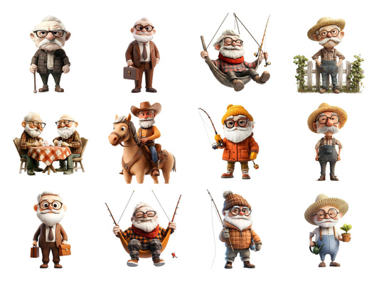 Funny Old Man Clipart png Bundle, Quirky Old Man Clipart, Funny Grandpa Clipart png, Watercolor Dancing Old Man Clipart, Digital Download