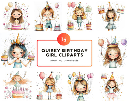 Quirky Birthday Girl Clipart Bundle (PNG Digital Download)