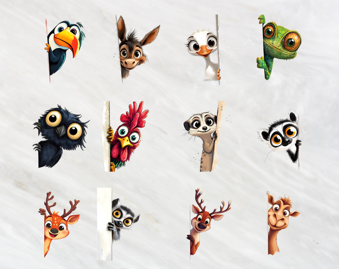 62 Whimsical Animal Peeking Around Corner Clipart, Humorous Animal Clipart, Quirky Animal Clipart png Bundle, Silly Animal png Bundle