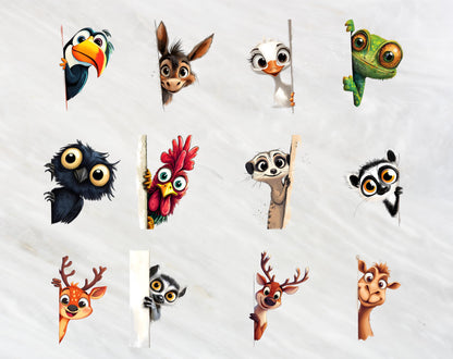 62 Whimsical Animal Peeking Around Corner Clipart, Humorous Animal Clipart, Quirky Animal Clipart png Bundle, Silly Animal png Bundle