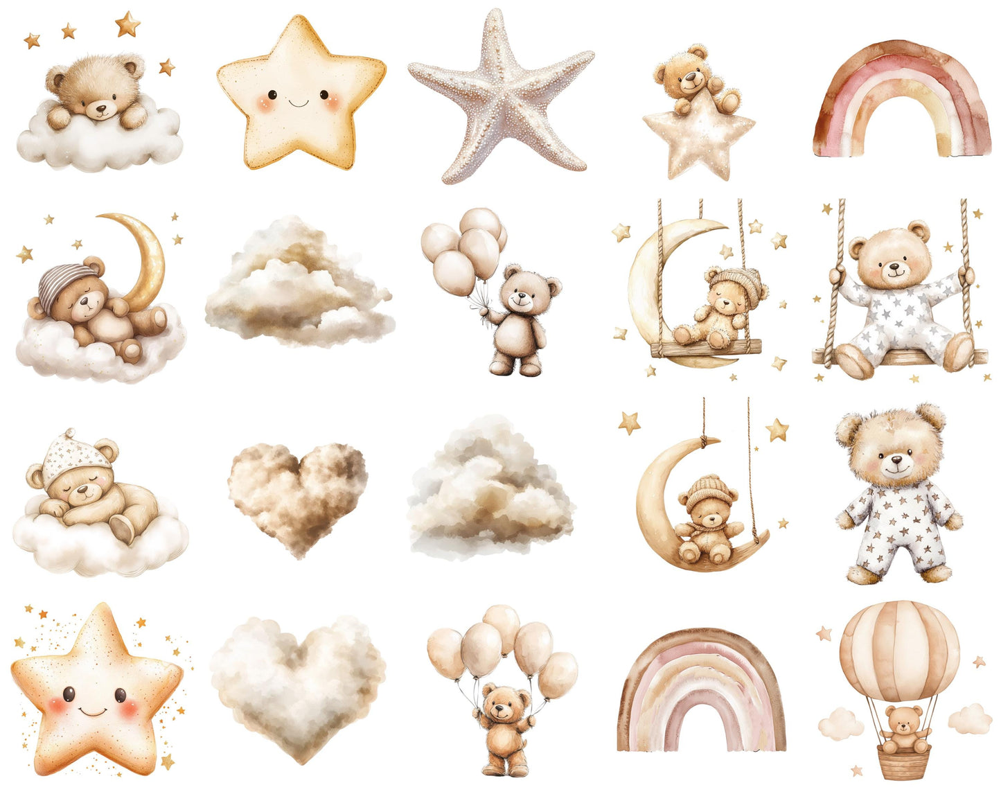 Watercolor Baby Shower Clipart, Neutral Boho Bear Theme (PNG Digital Download)