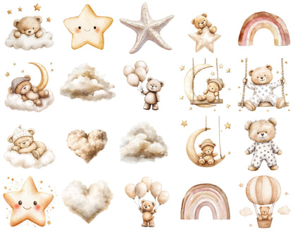 Watercolor Baby Shower Clipart, Neutral Boho Bear Theme (PNG Digital Download)