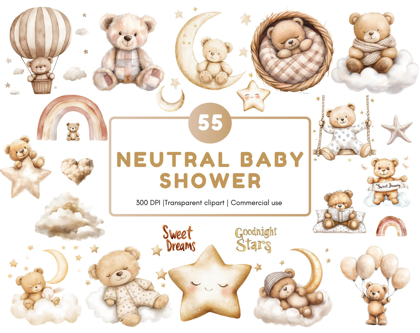 Watercolor Baby Shower Clipart, Neutral Boho Bear Theme (PNG Digital Download)