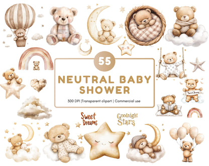 Watercolor Baby Shower Clipart, Neutral Boho Bear Theme (PNG Digital Download)