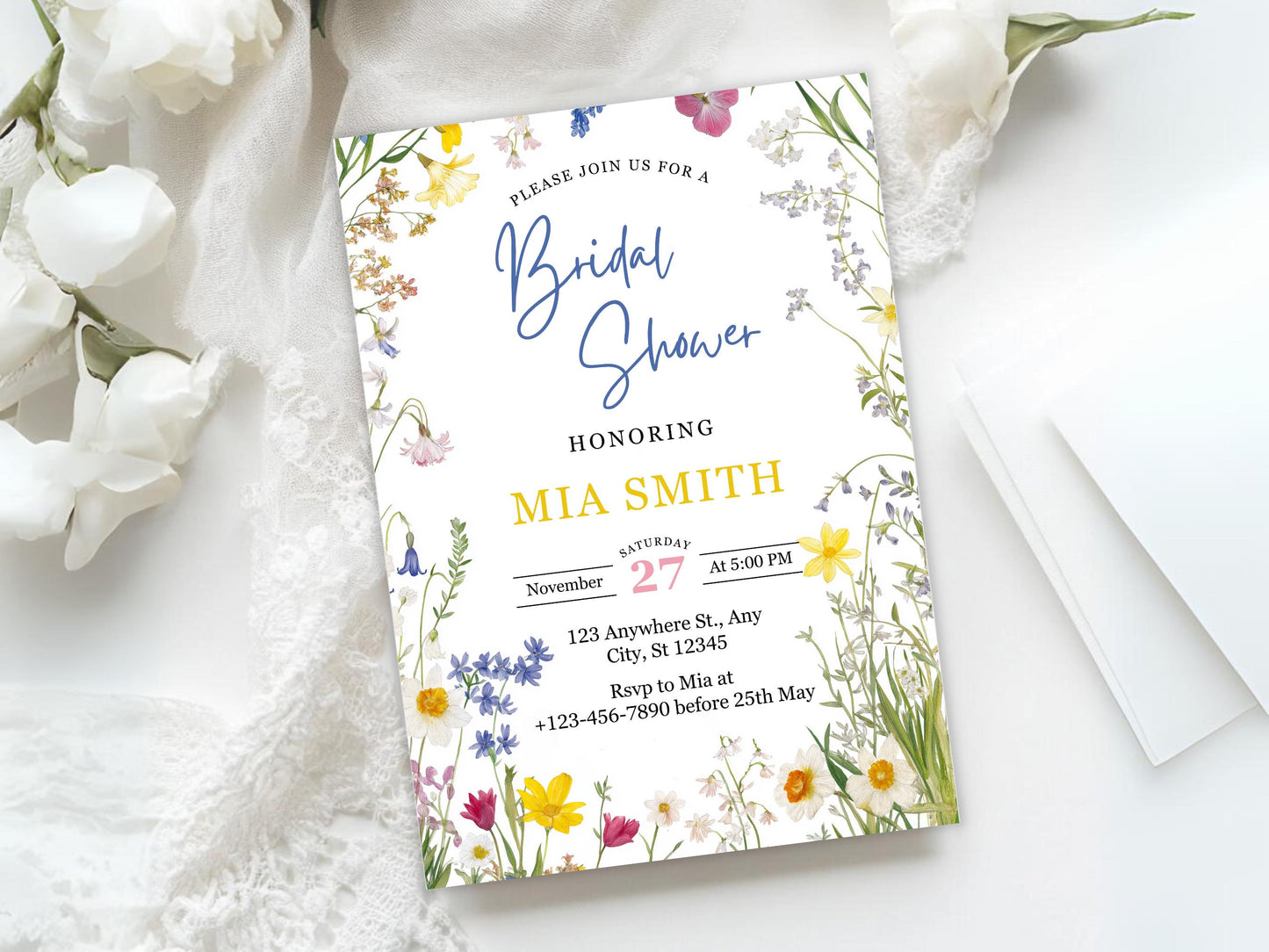 Wildflower Bridal Shower Invitation Template: Editable Floral Design (PDF)
