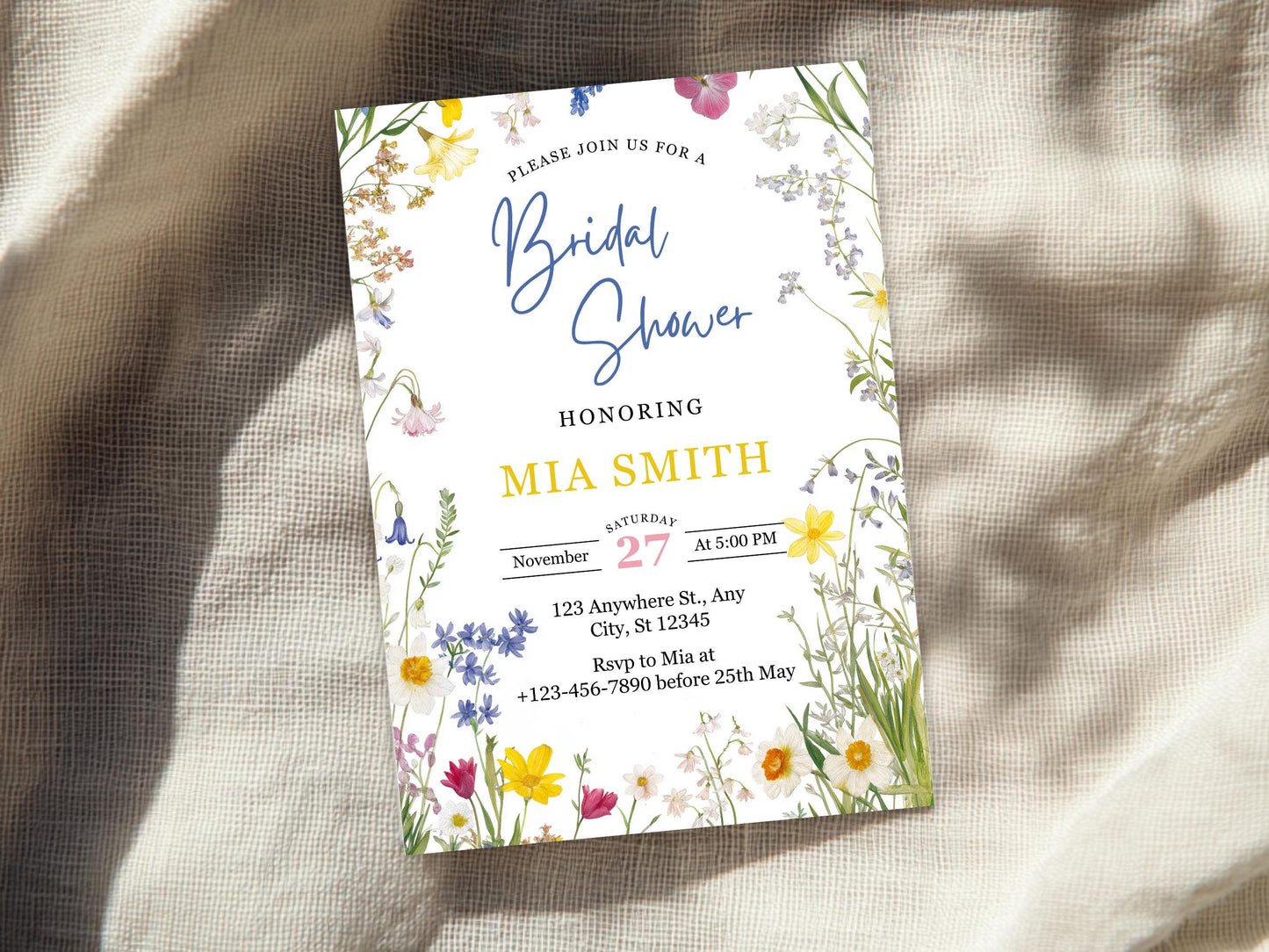 Wildflower Bridal Shower Invitation Template: Editable Floral Design (PDF)