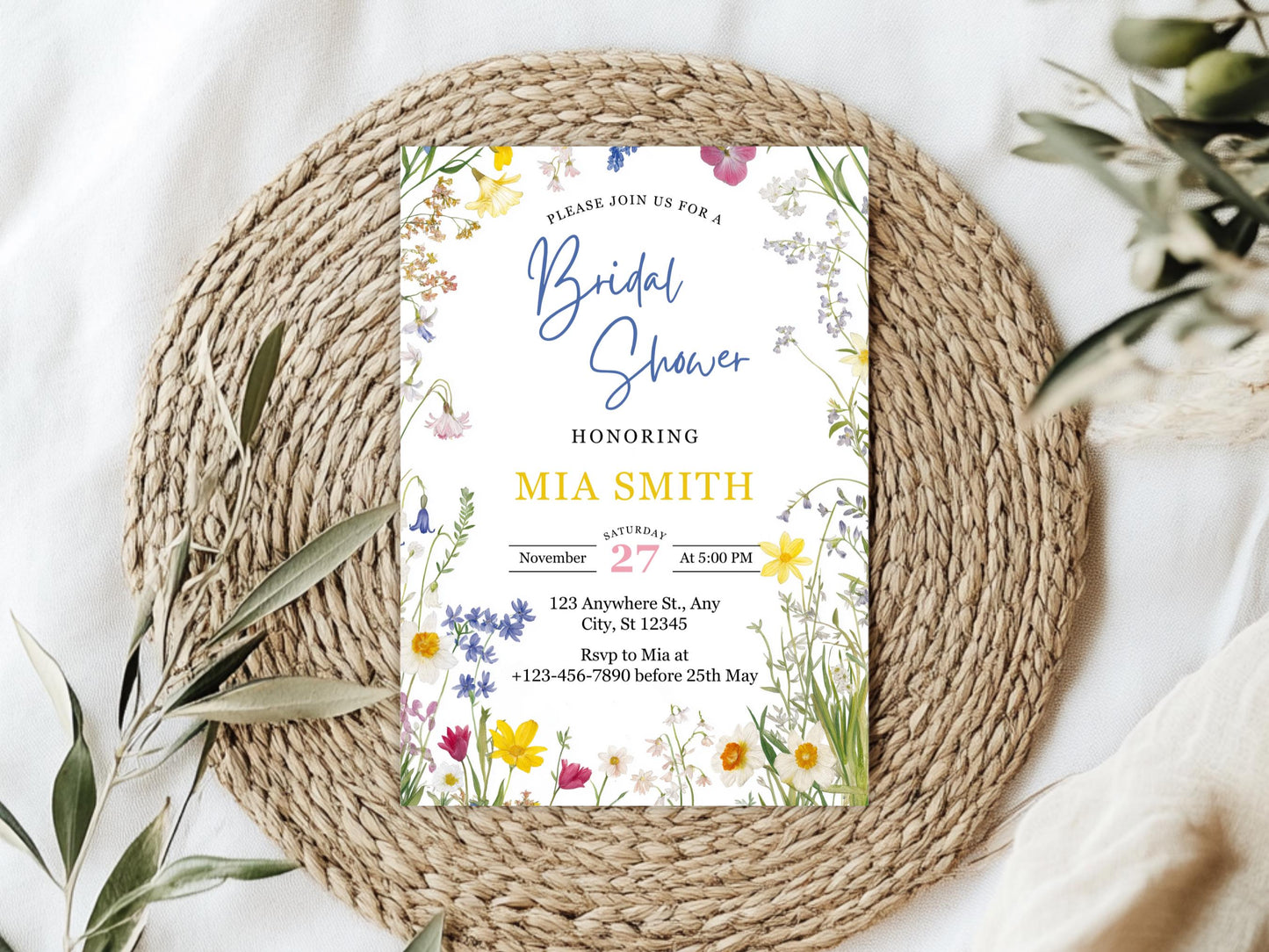 Wildflower Bridal Shower Invitation Template: Editable Floral Design (PDF)
