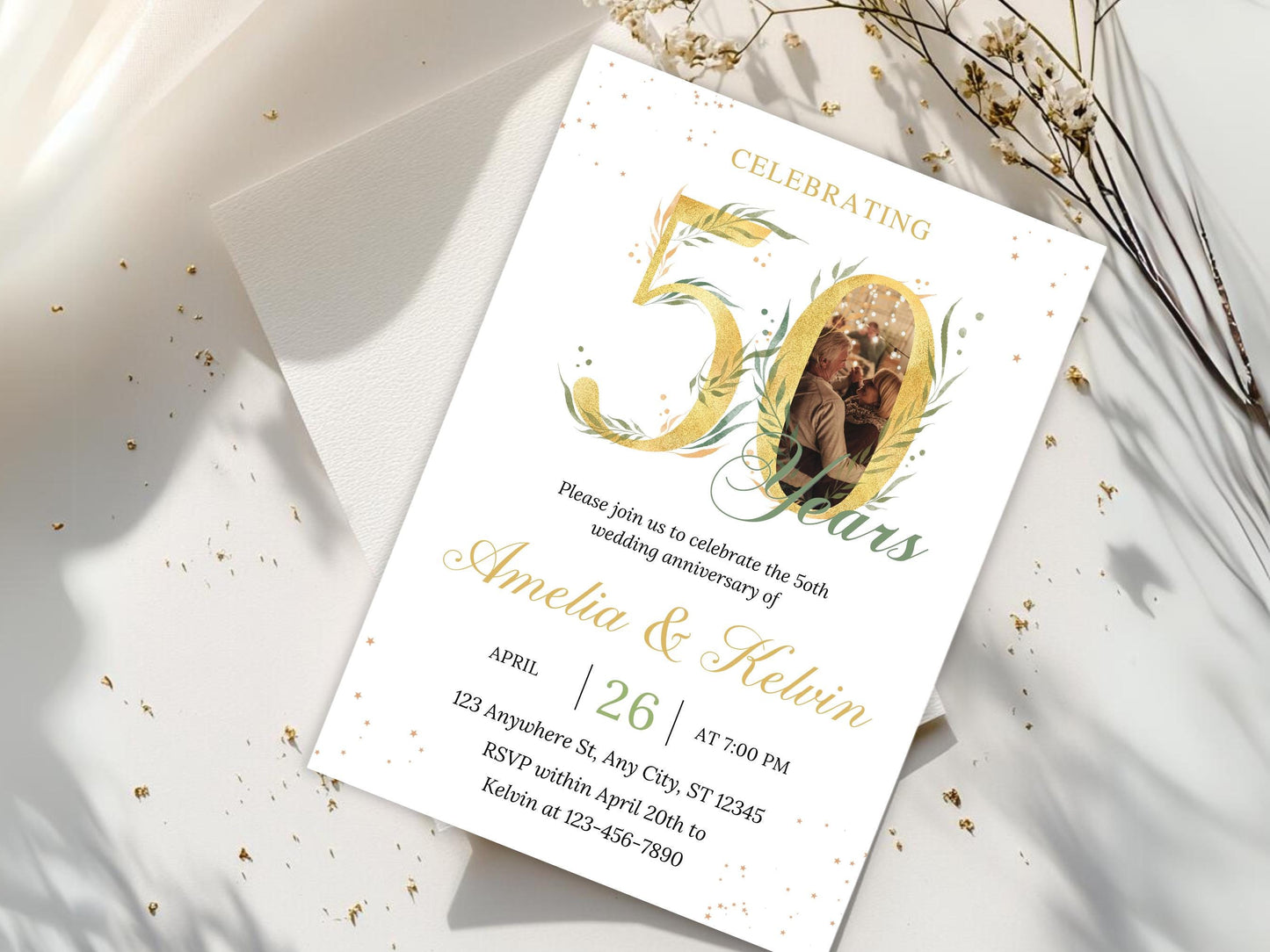 50th Anniversary Invitation: Elegant Eucalyptus Photo, Editable Template (PDF)