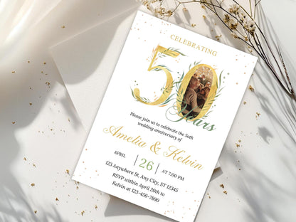 50th Anniversary Invitation: Elegant Eucalyptus Photo, Editable Template (PDF)