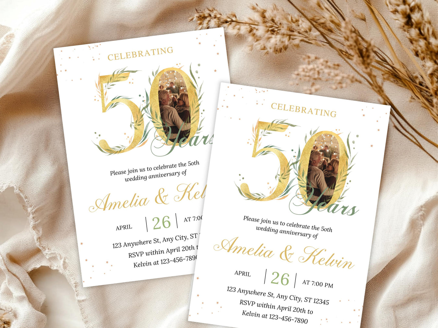50th Anniversary Invitation: Elegant Eucalyptus Photo, Editable Template (PDF)