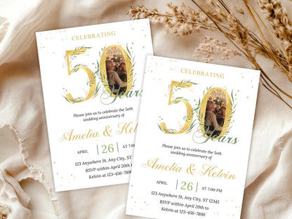 50th Anniversary Invitation: Elegant Eucalyptus Photo, Editable Template (PDF)