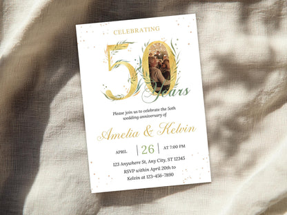 50th Anniversary Invitation: Elegant Eucalyptus Photo, Editable Template (PDF)