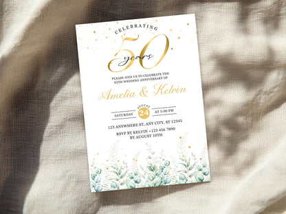 50th Anniversary Invitation: Elegant Eucalyptus Photo Template (Digital Download)