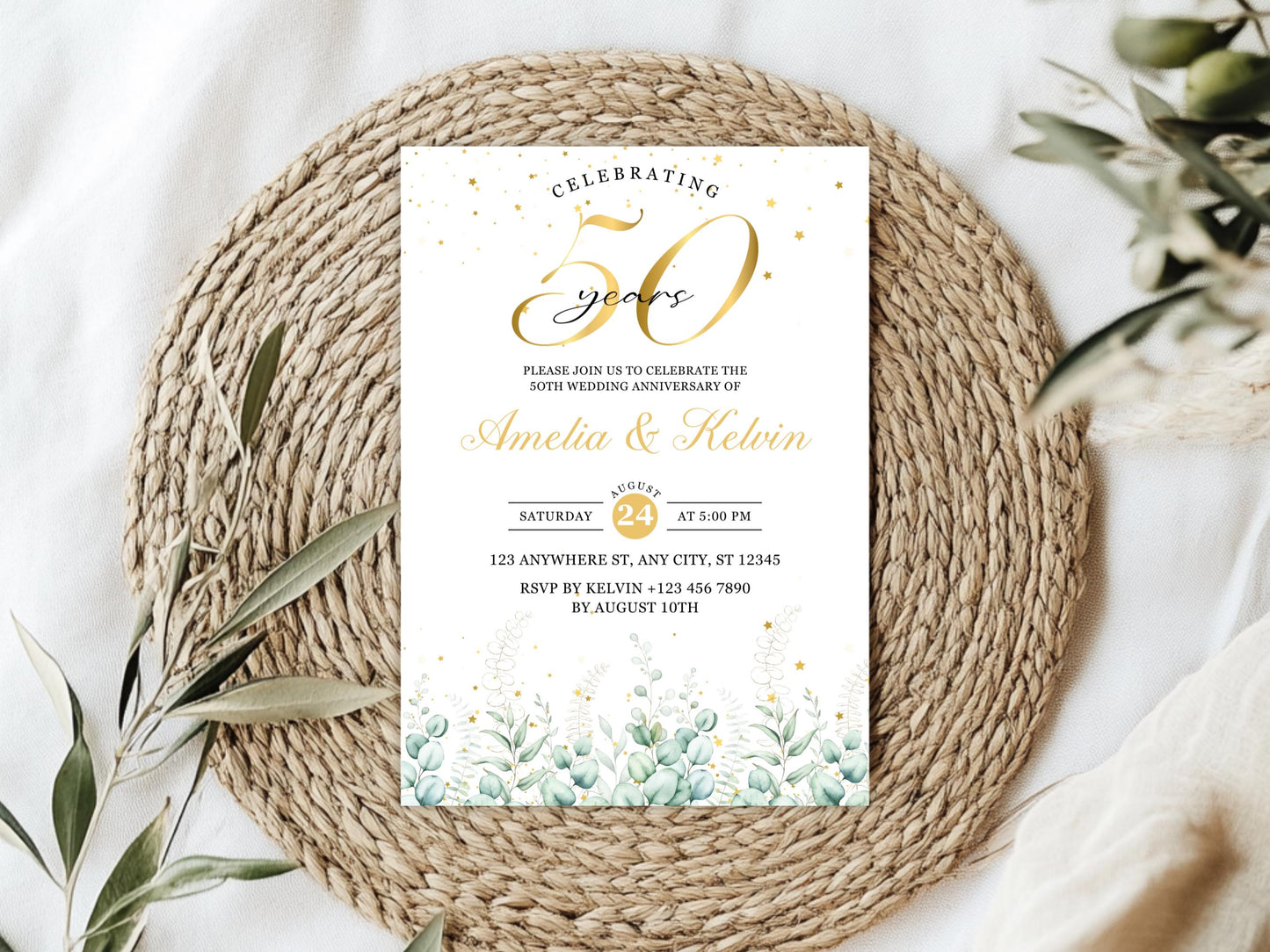 50th Anniversary Invitation: Elegant Eucalyptus Photo Template (Digital Download)