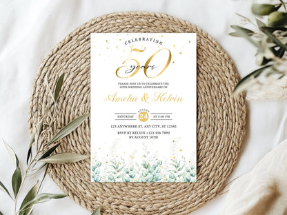 50th Anniversary Invitation: Elegant Eucalyptus Photo Template (Digital Download)