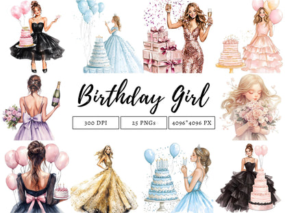 Watercolor Birthday Girl Clipart Bundle Birthday Girl Clipart png, Quirky Birthday Girl Clipart, Birthday Clipart png, Printable Clipart png