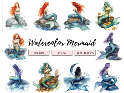 Meerjungfrauen-Clipart-Bundle (PNG), Aquarell-Meerjungfrauen-Clipart, niedliche Meerjungfrauen-Clipart, Unterwasser-Clipart, Unterwasser-Tier-Clipart
