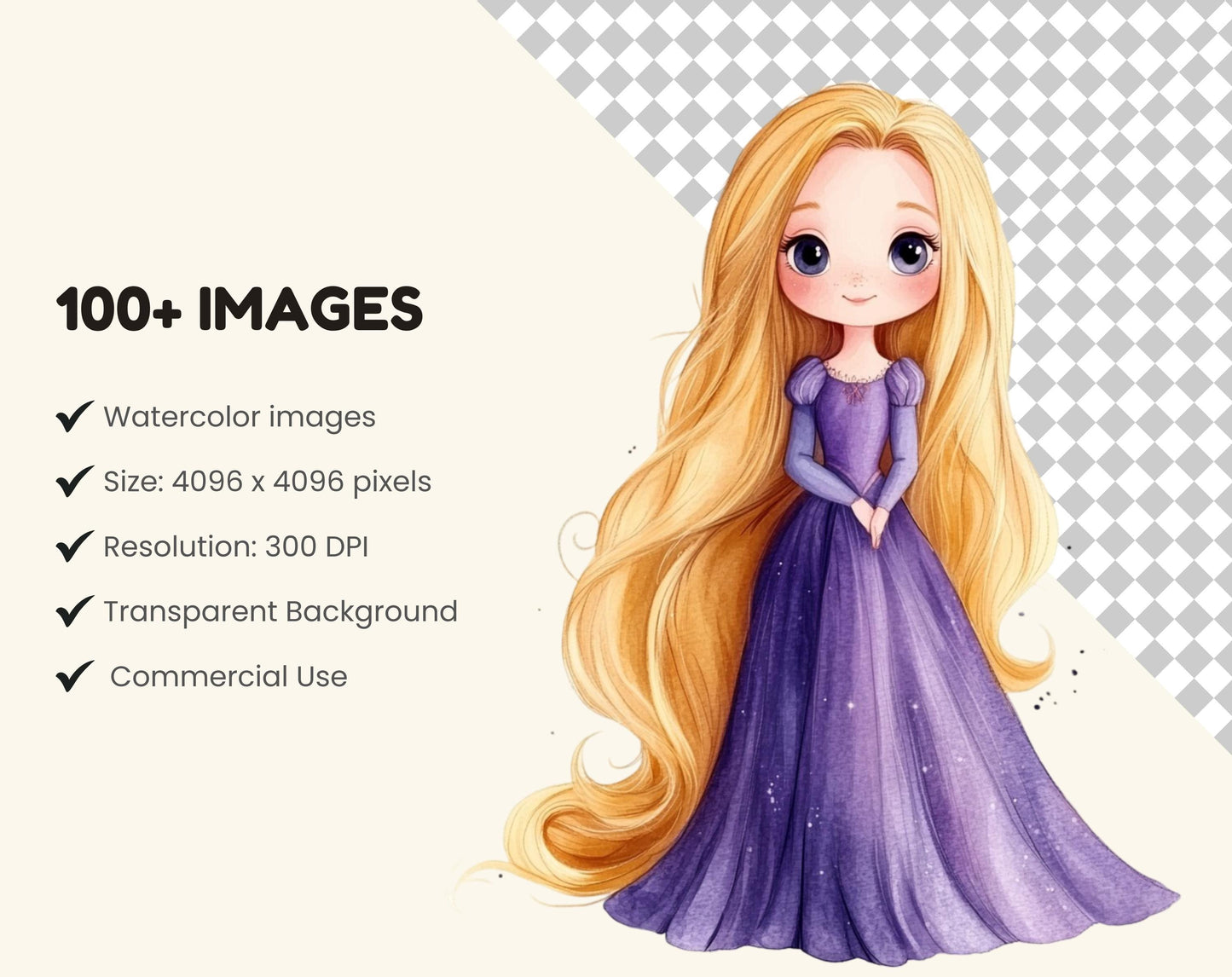 Aquarell-Prinzessinnen-Clipart-Paket, Märchenhafte Kinderzimmerkunst (Digitaler Download)