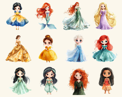 Aquarell-Prinzessinnen-Clipart-Paket, Märchenhafte Kinderzimmerkunst (Digitaler Download)