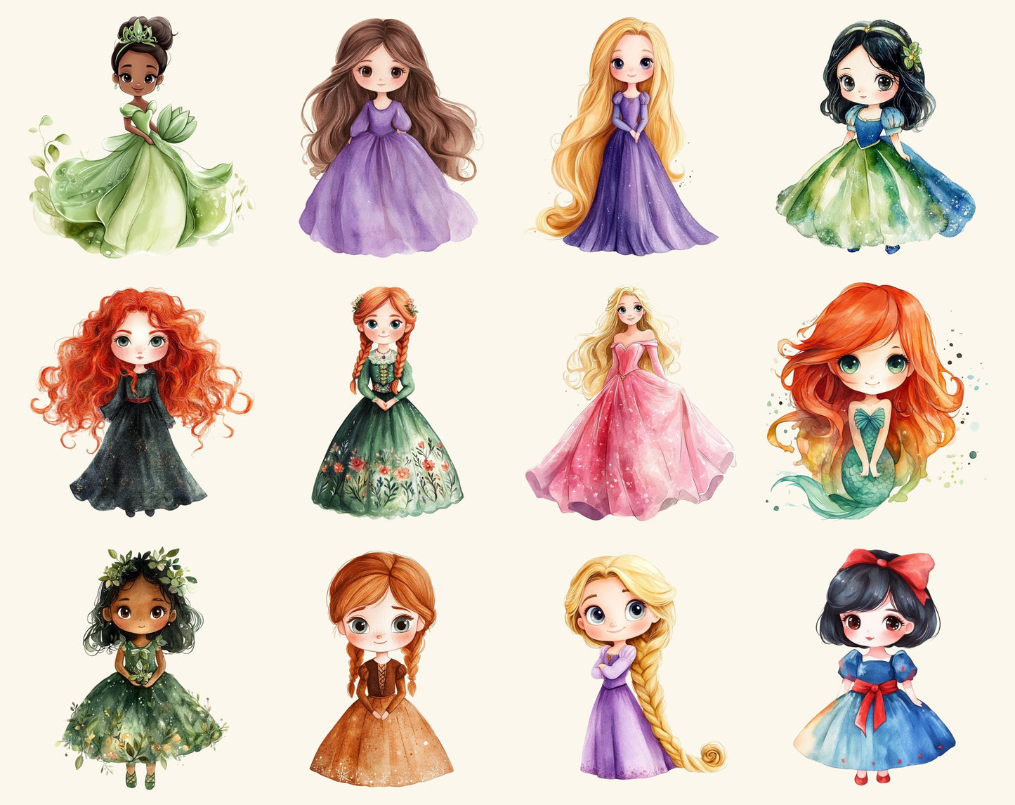 Aquarell-Prinzessinnen-Clipart-Paket, Märchenhafte Kinderzimmerkunst (Digitaler Download)