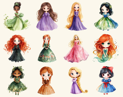 Aquarell-Prinzessinnen-Clipart-Paket, Märchenhafte Kinderzimmerkunst (Digitaler Download)
