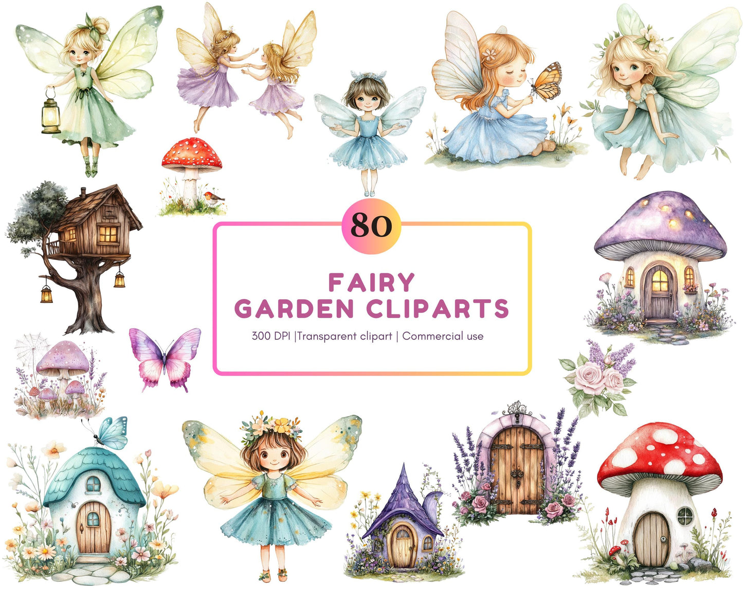 Ensemble d'images clipart aquarelle pour jardin féerique, graphismes fantastiques (téléchargement numérique)