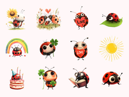 Ensemble de cliparts aquarelle de coccinelles mignonnes (PNG), clipart coccinelles (PNG), clipart coccinelles kawaii pour les amoureux des coccinelles, clipart Saint-Valentin (PNG), téléchargement numérique