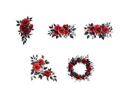 Red Roses Clipart Bundle, Watercolor Black Flower PNG (Digital Download)