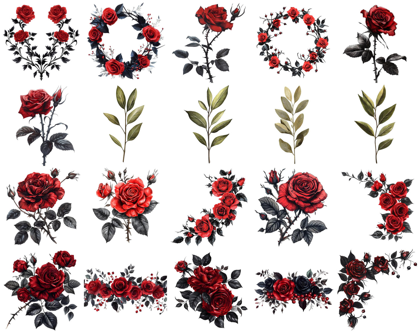 Red Roses Clipart Bundle, Watercolor Black Flower PNG (Digital Download)