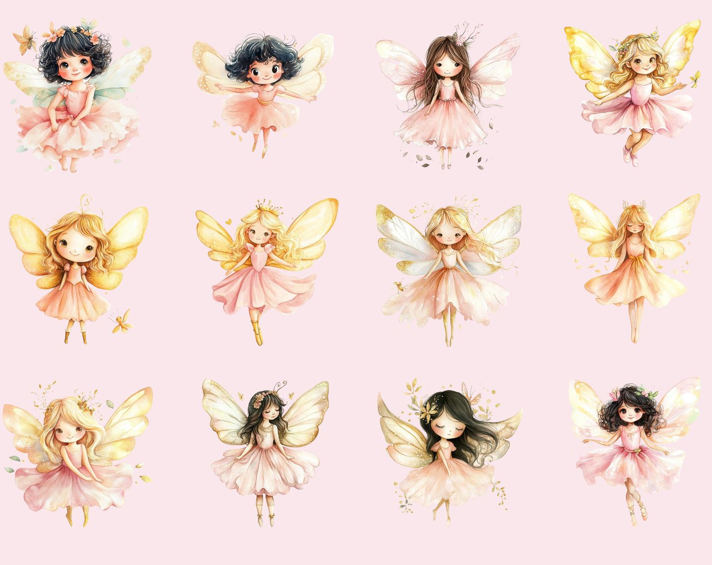 Aquarell-Feen-Cliparts, Rosa Waldfeen-Cliparts (PNG-Bundle), Waldfeen-Cliparts, Cliparts zum ersten Geburtstag, Feen-Cliparts für den ersten Geburtstag